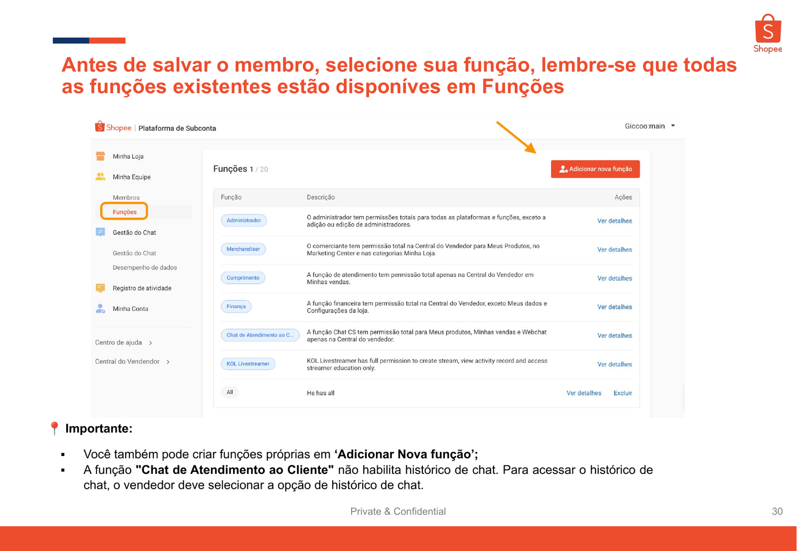 Tela oficial da Shopee mostrando funções e permissões de subconta